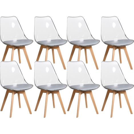 8 Chaises Tulipes Salle à Manger Scandinaves Bm Home Salle de Bureau, Pieds en Bois de Hêtre Massif, Transparente, assise Grise (1/5)