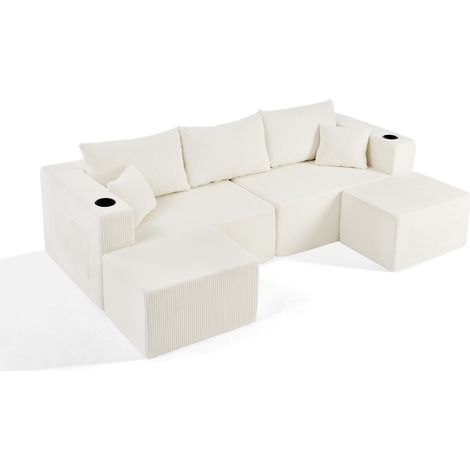 Sofá esquinero modular de 3 plazas beige con otomanas móviles, posavasos y bolsillos (1/5)