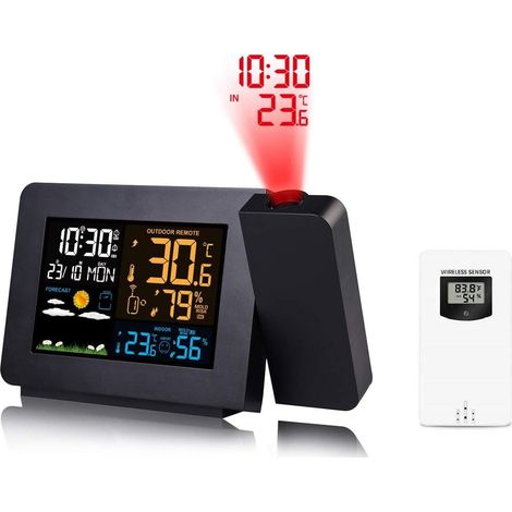 Réveil lumineux projection HD – Station météo avec capteur extérieur – Affichage LCD, double alarme, température, humidité – Curconsa