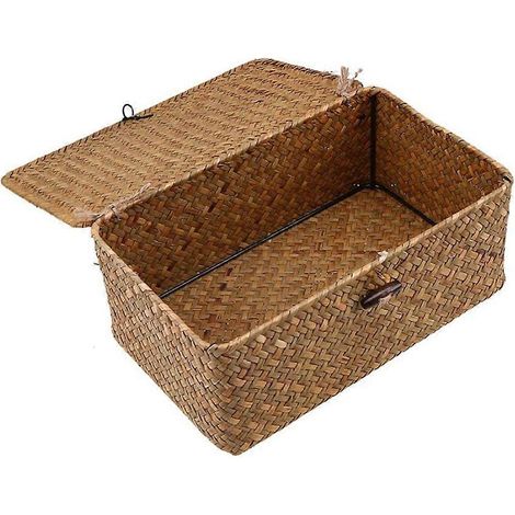 Boîte de rangement tressée avec panier et couvercle - Ensemble de pièces - Panier rectangulaire en jonc de mer et panier de rangement avec couvercle - Étagère de rangement en rotin L (1/5)
