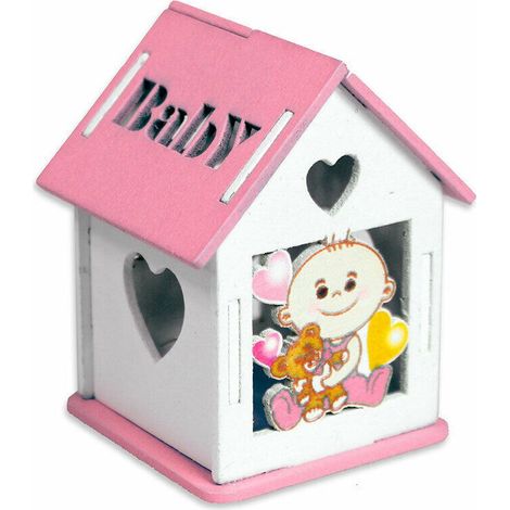 TrAdE Shop Traesio - Bomboniera In Legno Casetta Con Tetto Apribile Per Nascita Battesimo Bimba Rosa - (1/2)