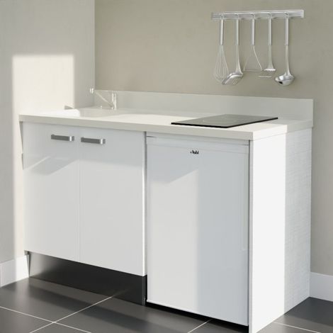 Kitchenette K17L - 140 cm - plan monobloc évier intégré Snova- évier à gauche - Façades Blanc + Electroménager inclus coloris Blanc