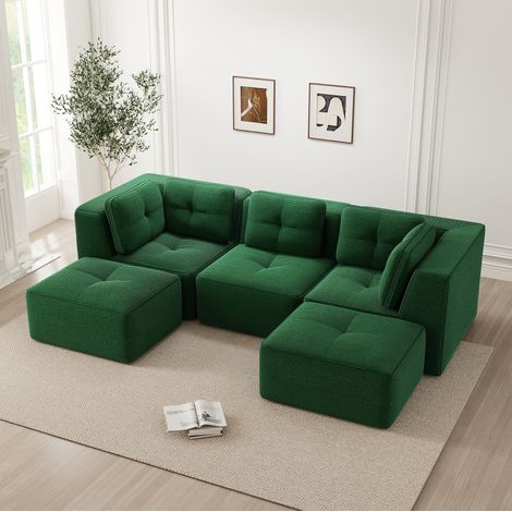 Divano modulare da salotto in velluto a coste verde con ottomana OKWISH (1/5)