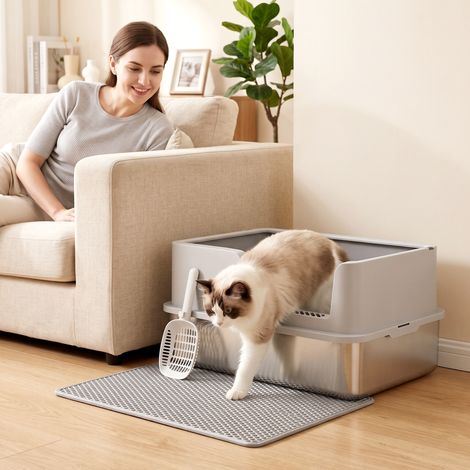 Bac à litière pour chat XL en acier inoxydable avec couvercle, bords hauts, gris clair (1/5)