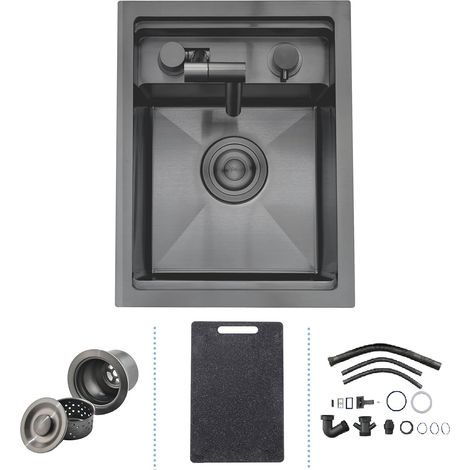 Évier de Bar de Cuisine Dissimulé avec Robinet Pliable, 30 x 45 cm Évier de Cuisine Noir 1 Bac, Camping Car en Acier Inoxydable à Encastrer Sous Plan avec Trop-Plein, Siphon, Planche à Découper (1/5)
