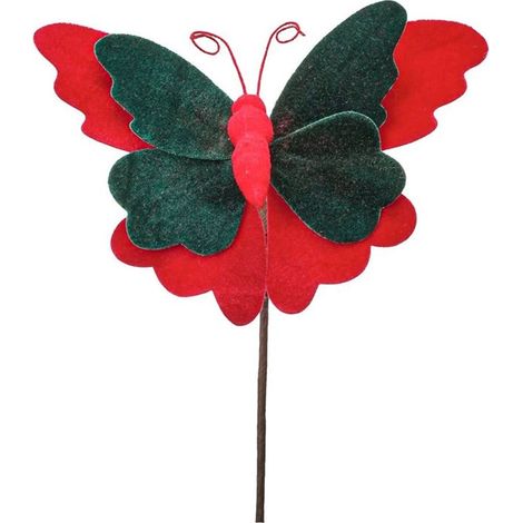 TrAdE Shop Traesio - Rametto Decorativo Natalizio A Farfalla In Tessuto Floccato 18x15 Cm Ornamento Per Feste - Rosso e verde (1/2)