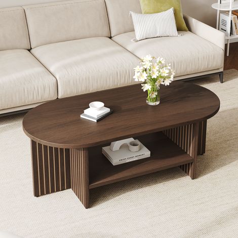 Mesa de centro ovalada de MDF 100 x 49 x 35 cm con estante, acabado nogal (1/5)