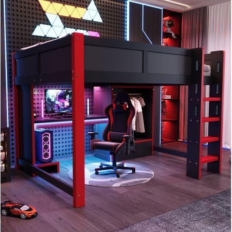 Lit mezzanine 140x200 cm en pin, noir et rouge, avec bureau, pour gaming, sans matelas – MEUBLIV (1/5)