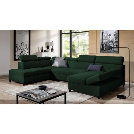 Wohnlandschaft Schlafsofa Sofa ANTON in Stoff Esito Dunkelgrün Ottomane Rechts (1/4)