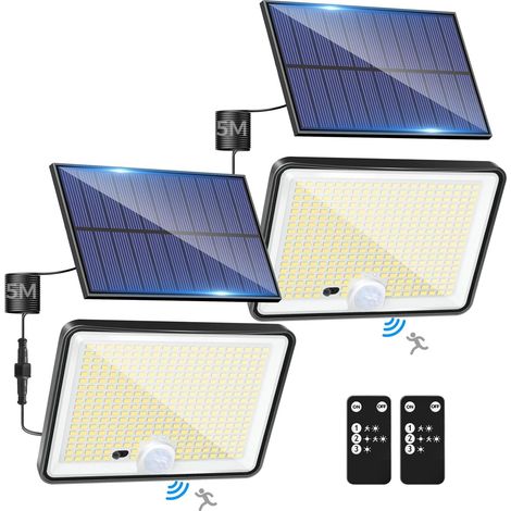 Lot de 2 lampes solaires d'extérieur à détecteur de mouvement avec télécommande, 342 LED, étanches IP65, 3 modes d'éclairage solaire pour jardin, garage, cour, blanc froid (1/5)