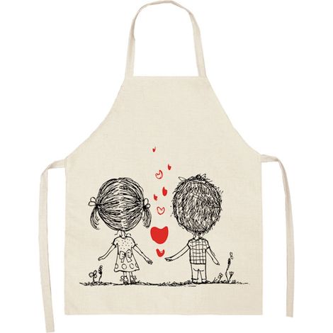 Tablier En Lin - Imprimé Saint-Valentin Famille - Pour Cuisine Et Travail - Taille Adulte 47 x 38 cm - 1 Pièce