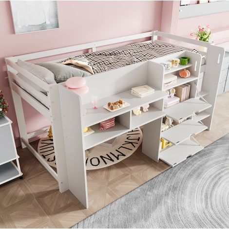 Lit mezzanine 90 x 200 cm enfant blanc en pin avec rangements et sécurité, gain de place (1/5)