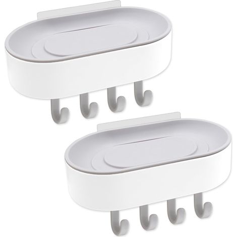 2 Pièces Porte-Savon Adhésif Mural en Plastique avec 8 Crochets et 2 Autocollants - Gris, Idéal pour Salle de Bain, Douche, Cuisine