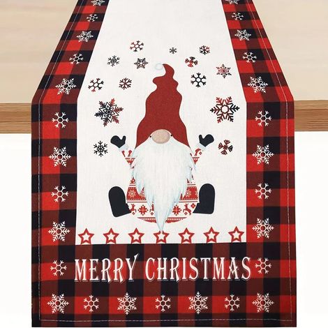 140 x 40 cm, rot-karierter Weihnachtstischläufer – Weihnachtsmann- und Schneeflockenmotiv, für Küche und Esszimmer