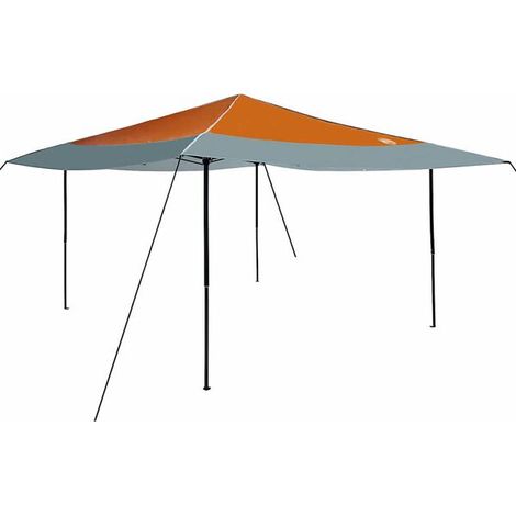 Tente pare-soleil orange, mesurant 395 x 395 x 251 cm, en tissu. (1/5)