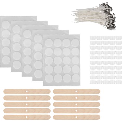 100 Stück 15 cm Kerzendochte, 100 Stück doppelseitige Dochtaufkleber, 50 Stück Kerzenhülsen, 10 Stück Dochthalter aus Holz (runde, weiße Kunststoff-Unterseite) (1/5)