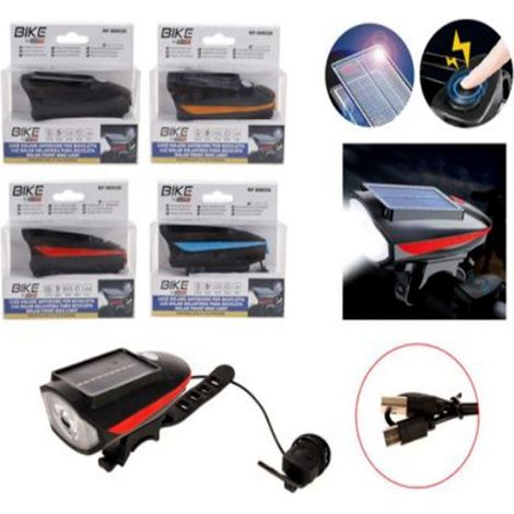 éclairage de vélo avec klaxon, sonnette solaire avec klaxon, lampe de nuit rechargeable par USB, kit d'éclairage avant de vélo étanche pour une utilisation sur route. (1/5)