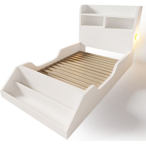 Lit simple 90x200 cm en bois blanc avec étagère, veilleuses et sommier (1/5)