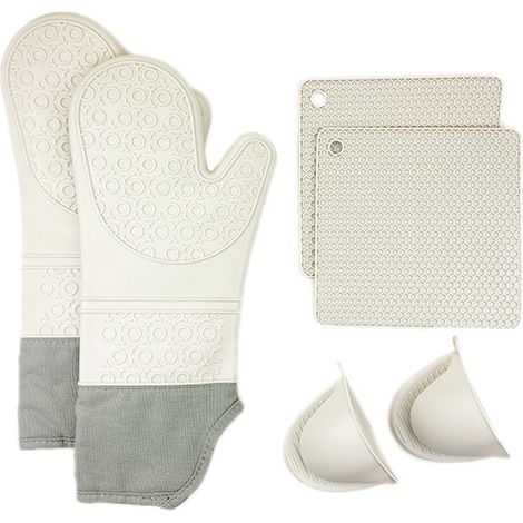 AIDUCHO Ofenhandschuhe und Topflappen, hitzebeständige Silikon-Küchenhandschuhe, rutschfest, hitzebeständig bis 230 °C, mit Baumwolle gefüttert, ideal zum Grillen, Backen und für die Konditorei, 6er-S (1/5)