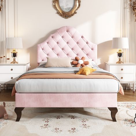Cama infantil tapizada con cabecero ajustable, terciopelo, 150 kg - 90x200 cm, rosa (1/5)