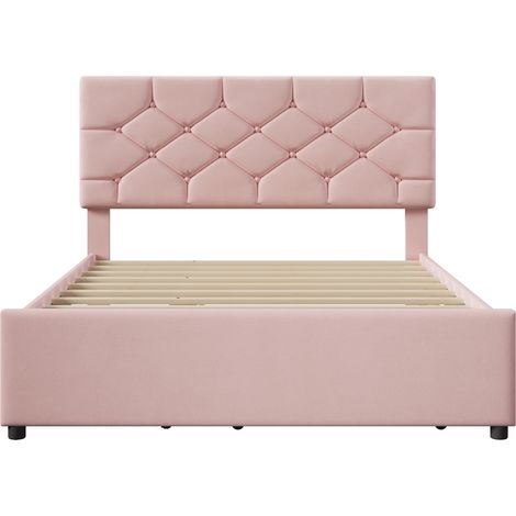Letto imbottito 140 x 200 cm in velluto rosa con rete e letto estraibile (1/5)