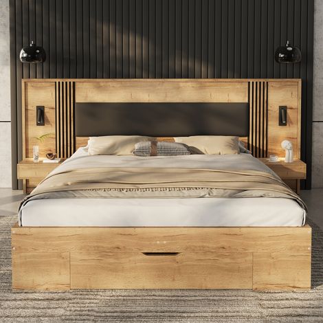 Lit double coffre bois massif 180x200 cm avec lampe lecture, 2 tables chevet tiroirs, couleur naturelle