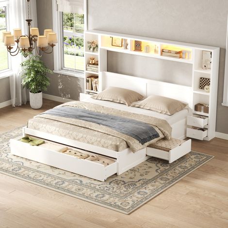 Lit avec rangement 140x200 cm en bois blanc, 7 tiroirs, sans matelas FloraGrace (1/5)