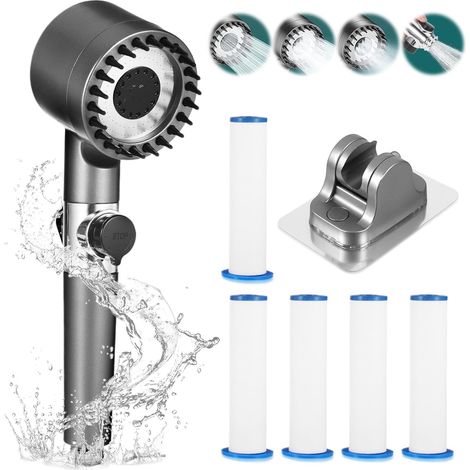 Pommeau de Duche Haute Pression, Pommeau de Duche Economie Deau avec Tuyau  Salle de Bain Réglable à 4 Modes, Pommeau de Douche Anti Calcaire Bouton D'arrêt D'eau (1/5)
