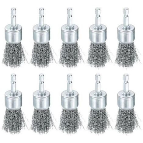 10 Pcs Fil Brosse pour Perceuse 1" Dia. Abrasif Fil Roue 1/4" Hex Tige Carbone Acier Tasse Brosse Grossier Ondulé Perceuse Accessoire pour Nettoyage Rouille Peinture Abrasif (1/4)