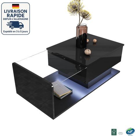 MODFU - Tavolino da caffè sollevabile a LED con contenitore, piano in vetro, tavolino laterale per divano, 100×50×33 cm, nero (1/5)