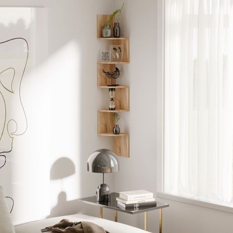 Estantería esquinera de pared con separador desmontable, forma de zigzag, 20 cm de largo x 20 cm de ancho x 126 cm de alto, 5 niveles, madera de roble claro-Crezuo