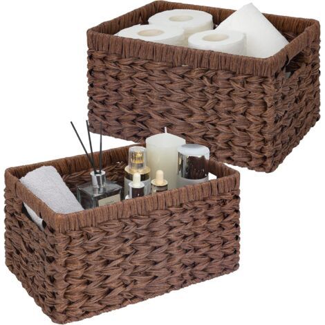 Aufbewahrungskorb aus Kunststoffgeflecht, 2er-Set Aufbewahrungskörbe und -boxen mit Griffen, Dekorative Körbe, Rechteckiger Weidenkorb, Badezimmer-Aufbewahrungskorb, Braun