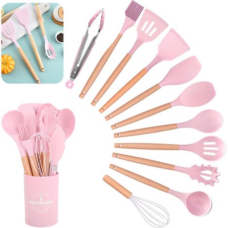 Lot de 12 Ustensiles de cuisine, Silicone, Manche en bois, Résistant à la chaleur, Pour cuisson quotidienne