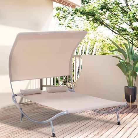 Outsunny Bain de Soleil 2 Places lit de Jardin Design Contemporain Toit réglable 2 roulettes 2 oreillers Acier époxy Polyester Sable