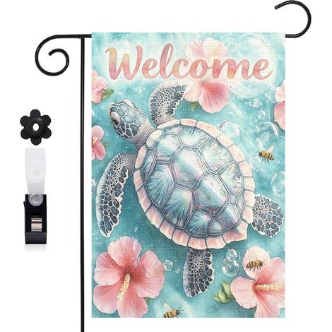 Drapeau de jardin décoratif 30 x 45 cm motif tortue et bulles marines toile double face résistante (1/5)
