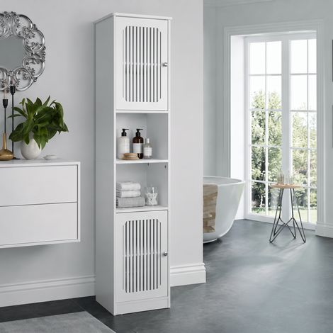 Mueble de baño blanco de 163 cm de altura: modelo independiente con estantes ajustables detrás de una puerta de lamas, mueble estrecho y alto con varios compartimentos. (1/5)