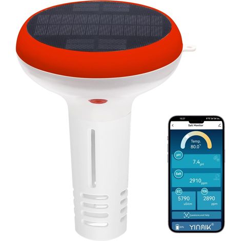 Moniteur Intelligent pour Piscine,Lecteur de Sel Solaire, pH-Mètre Numérique pour Piscines d'eau Salée, Testeur (pH, salinité, EC, TDS, température) pour Piscines Extérieures (1/5)