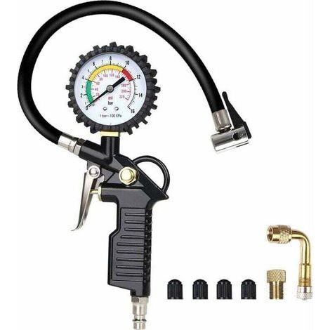 Manometre Pression Pneu. Numérique Manomètre Pneu. Pistolet de Gonflage Manomètre Avec 4 Bouchons de Valve//un Adaptateur de Buse à Air Français//une Tige de Rallonge en Métal de 90 Degrés-- (1/5)
