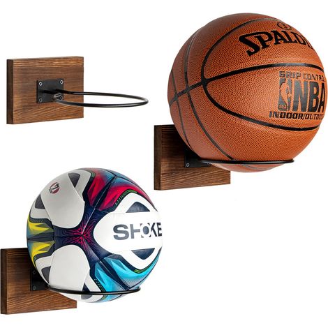 Support Mural Ballon, Porte Ballon Mural en Bois et Métal, Support Ballon Basket Foot Volley Rugby, Brun Rustique (1/5)