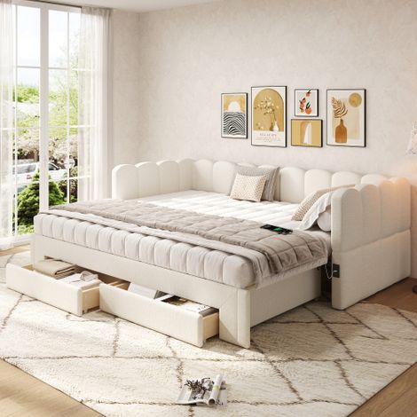 Canapé-lit capitonné pour enfant - 90/180 x 200 cm - avec 2 tiroirs + port USB - lin - beige (1/5)