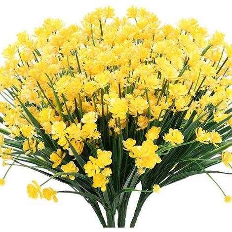 Ramo de 6 flores artificiales，aptas para exteriores，plástico resistente a los rayos UV que imita plantas verdes，maceta (amarillo) (1/5)