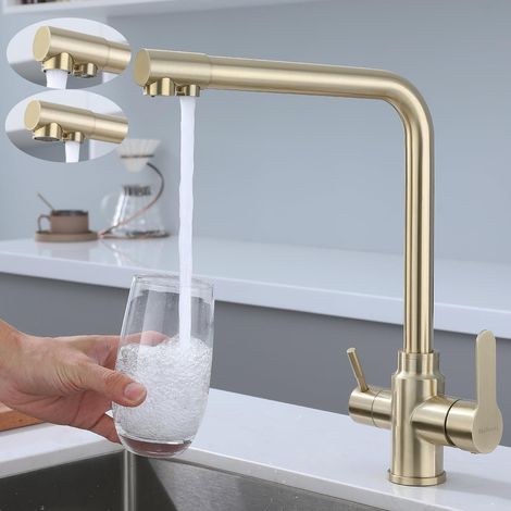 Robinet de cuisine à trois voies, mitigeur d'évier, avec deux sorties d'eau: eau filtrée et eau chaude et froide, bec pivotant à 360°, galvanoplastie (1/5)
