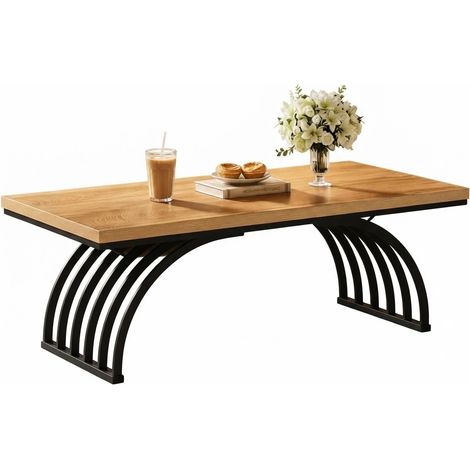 ELVMI Couchtisch mit 120 cm Tischplatte und Metallgestell, offenes Design, für Wohnzimmer, Braun und Schwarz (1/5)