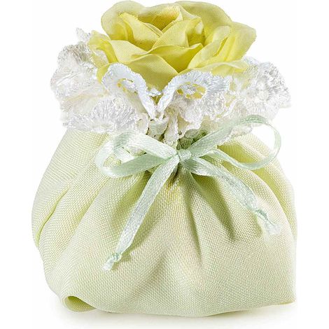 Sacchetti per bomboniera in stoffa verde con bordo in pizzo, rosa e tirante, set da 20 pezzi, cm 6x6x9,5 H (al tirante 5)