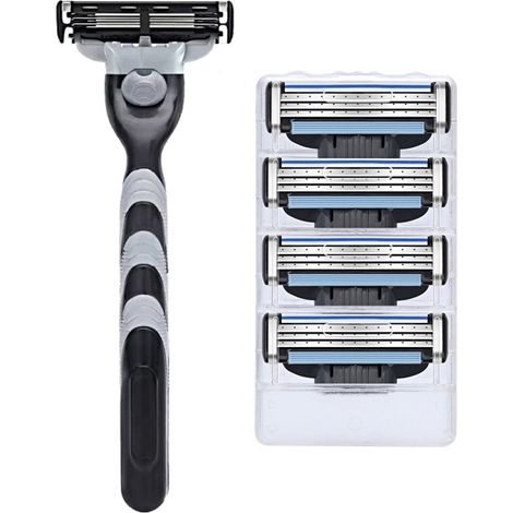 Kit de rasoir – Rasoir à trois lames pour tous types de barbe (1 manche de rasoir noir à trois lames + 4 têtes de rasoir noires à trois lames) (1/5)