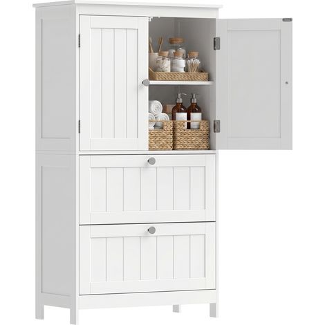 Meuble de salle de bain à 2 tiroirs, autoportant, avec étagère réglable et portes à lattes, blanc (1/5)