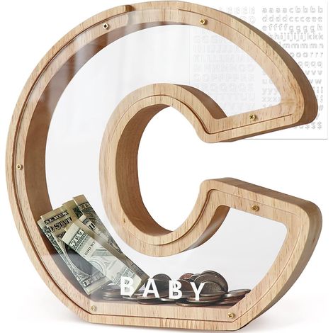 Hucha de madera transparente con forma de la letra C, ideal para fiestas o decoración del hogar. (1/5)