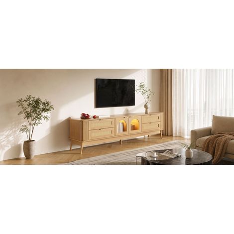 Meuble TV avec portes en verre de sécurité incurvé, buffet à LED contrôlable par application, rangement salon en panneaux de particules et pieds en bois massif, téléviseur à quatre tiroirs (1/5)