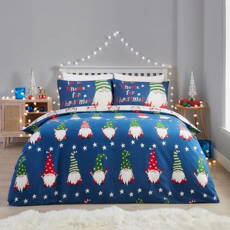 Housse de Couette de Noël Bleu Marine - 260 x 220 cm - Réversible (2 Couleurs) - 100% Coton - 2X Taies d'oreiller Incluses - Housse de Couette Nain de Noël - Literie de Noël (1/5)