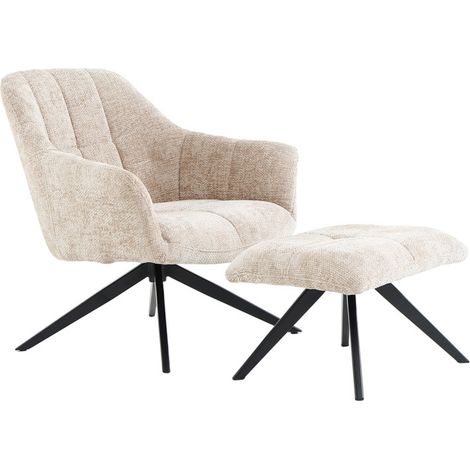 Fauteuil rotatif 360° et repose-pied tissu beige pieds métal – GILLIAN